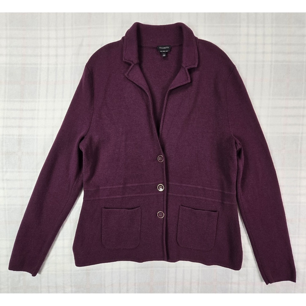 Talbots Womens 100% Pure Merino Wool Quiet Luxury Preppy Cardigan Blazer Plum L